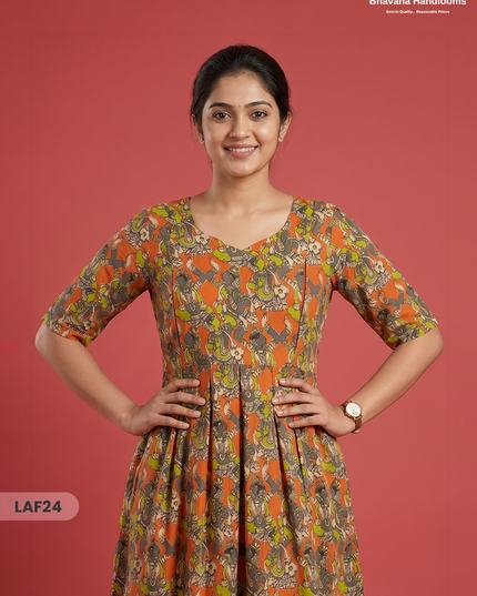 Feeding Frock with Kalamkari Design – Orange Color | Invisible Zips | Half Lining Maternity Wear