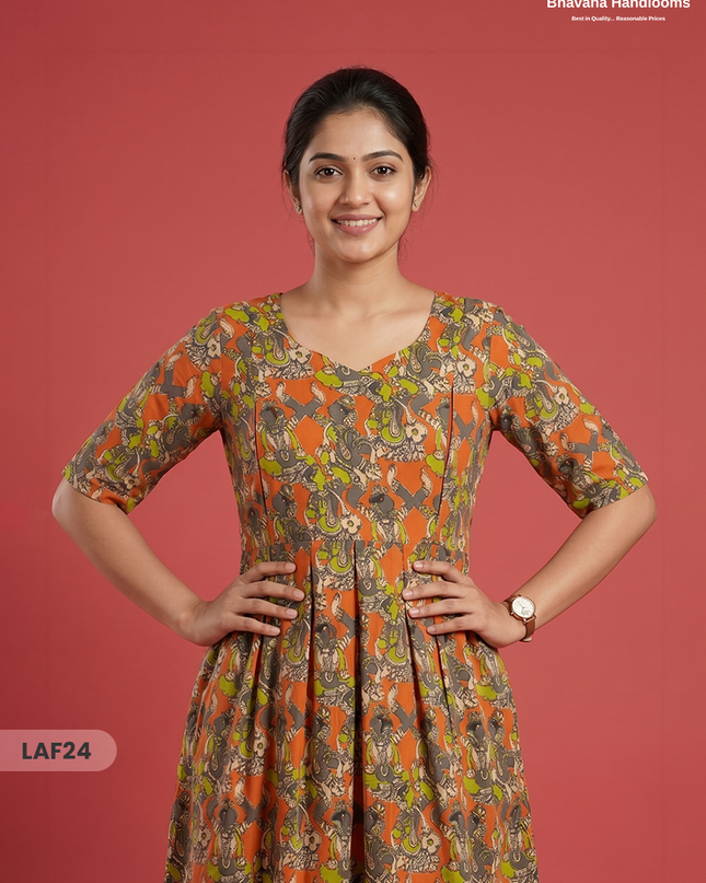 Feeding Frock with Kalamkari Design – Orange Color | Invisible Zips | Half Lining Maternity Wear