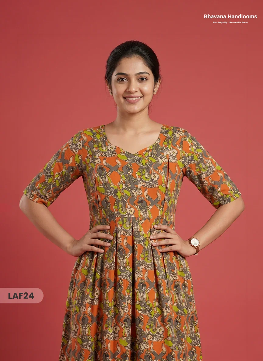 Feeding Frock with Kalamkari Design – Orange Color | Invisible Zips | Half Lining Maternity Wear
