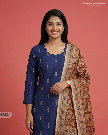 Raw Silk 3PC Kurti Set with Kalamkari Dupatta & Elastic Bottom in Blue Colour | Ethnic Wear