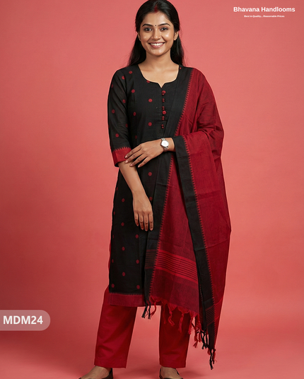 Mangalagiri Cotton 3PC Set with Full-Length Lining & Elastic Pocket Bottom – Indian Black