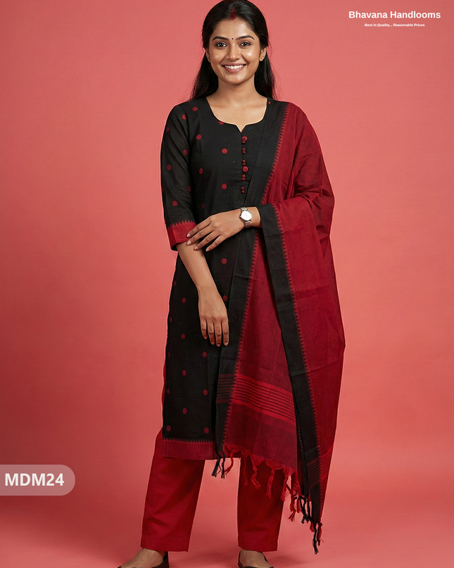 Mangalagiri Cotton 3PC Set with Full-Length Lining & Elastic Pocket Bottom – Indian Black