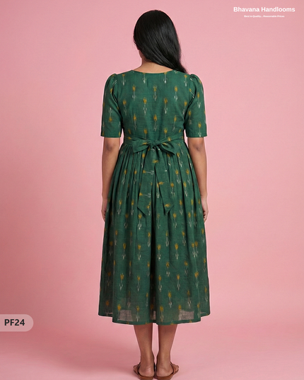Handcrafted Pochampally Dark Green Cotton Frock with Knot Detailing – Ethnic Wear for Women