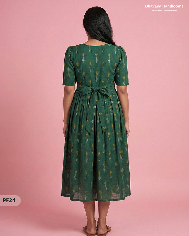 Handcrafted Pochampally Dark Green Cotton Frock with Knot Detailing – Ethnic Wear for Women