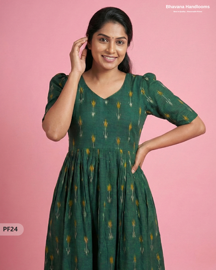 Handcrafted Pochampally Dark Green Cotton Frock with Knot Detailing – Ethnic Wear for Women