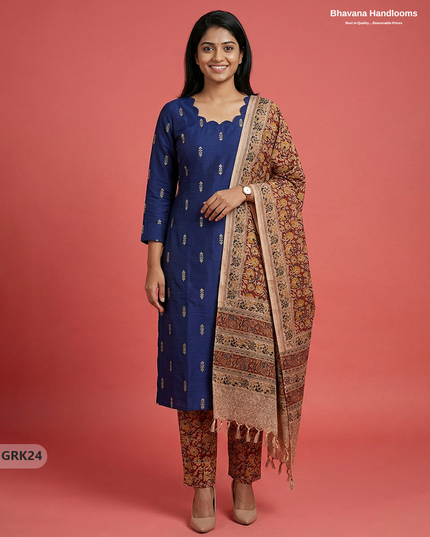 Raw Silk 3PC Kurti Set with Kalamkari Dupatta & Elastic Bottom in Blue Colour | Ethnic Wear