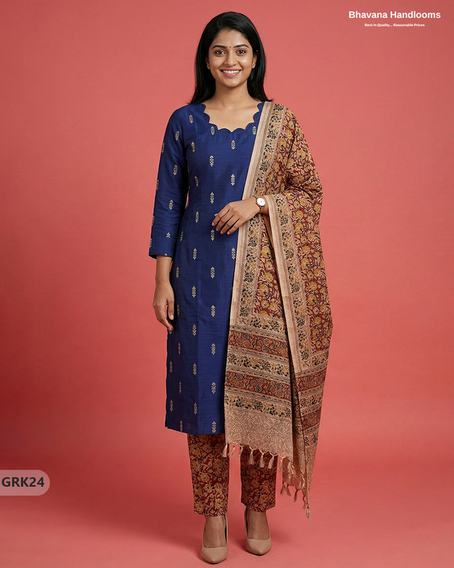 Raw Silk 3PC Kurti Set with Kalamkari Dupatta & Elastic Bottom in Blue Colour | Ethnic Wear