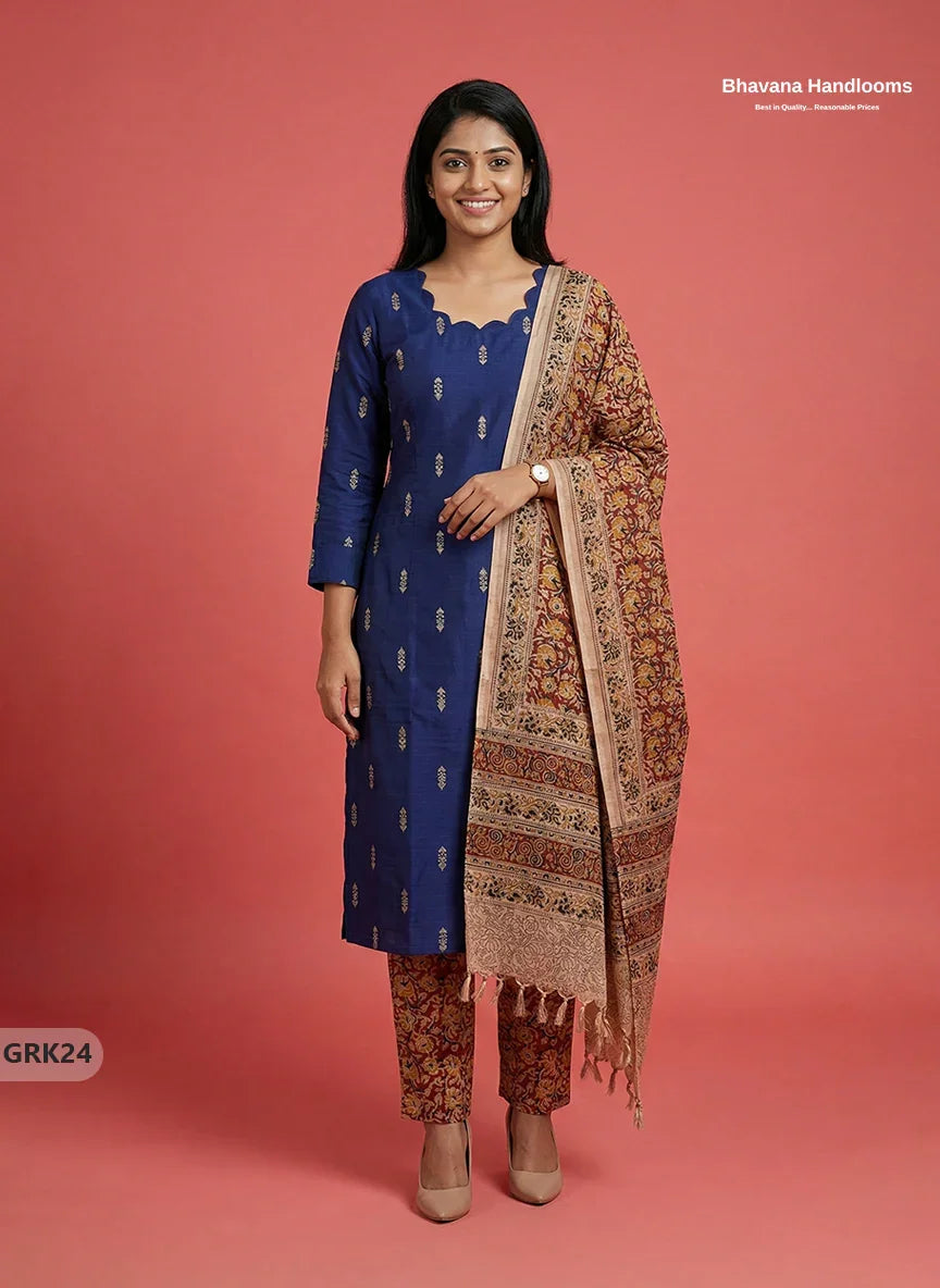 Raw Silk 3PC Kurti Set with Kalamkari Dupatta & Elastic Bottom in Blue Colour | Ethnic Wear