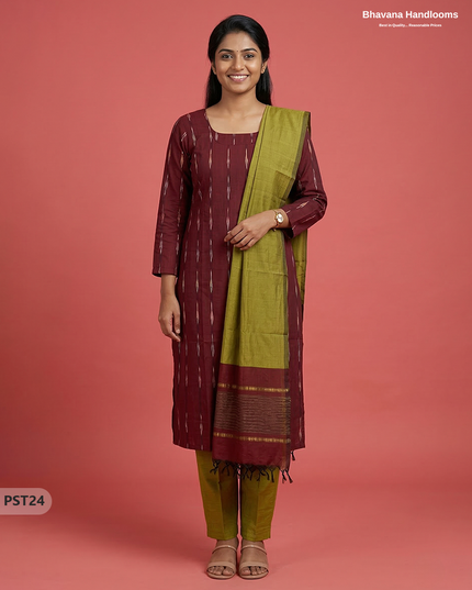 Pochampally Semi Pattu 3PC Kurti Set in Maroon Colour | Ready-to-Wear Ethnic Wear