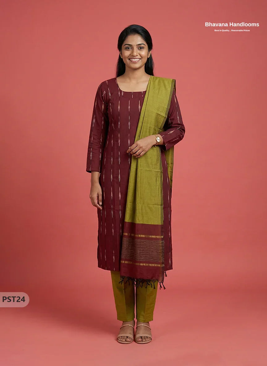 Pochampally Semi Pattu 3PC Kurti Set in Maroon Colour | Ready-to-Wear Ethnic Wear