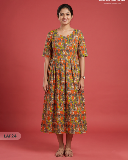 Feeding Frock with Kalamkari Design – Orange Color | Invisible Zips | Half Lining Maternity Wear