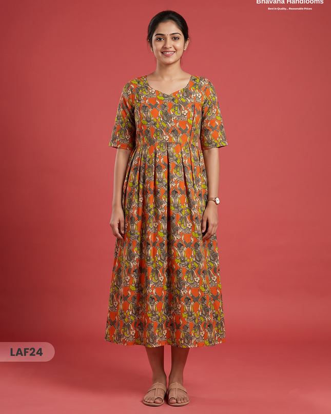 Feeding Frock with Kalamkari Design – Orange Color | Invisible Zips | Half Lining Maternity Wear