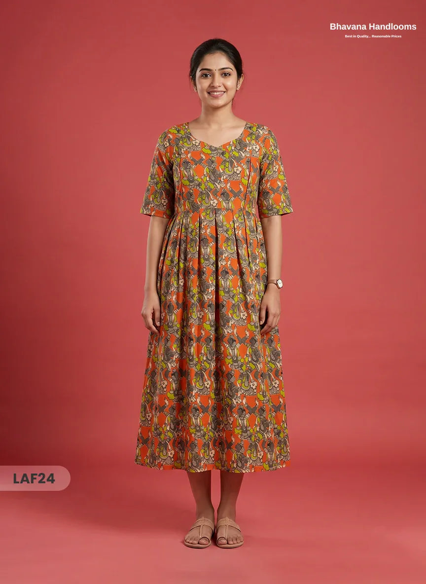 Feeding Frock with Kalamkari Design – Orange Color | Invisible Zips | Half Lining Maternity Wear