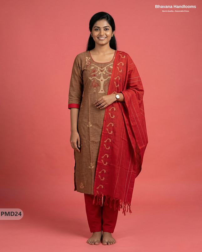 Premium Brown Kurti Set with Birds Print & Mirror Finishing | Ready-to-Wear