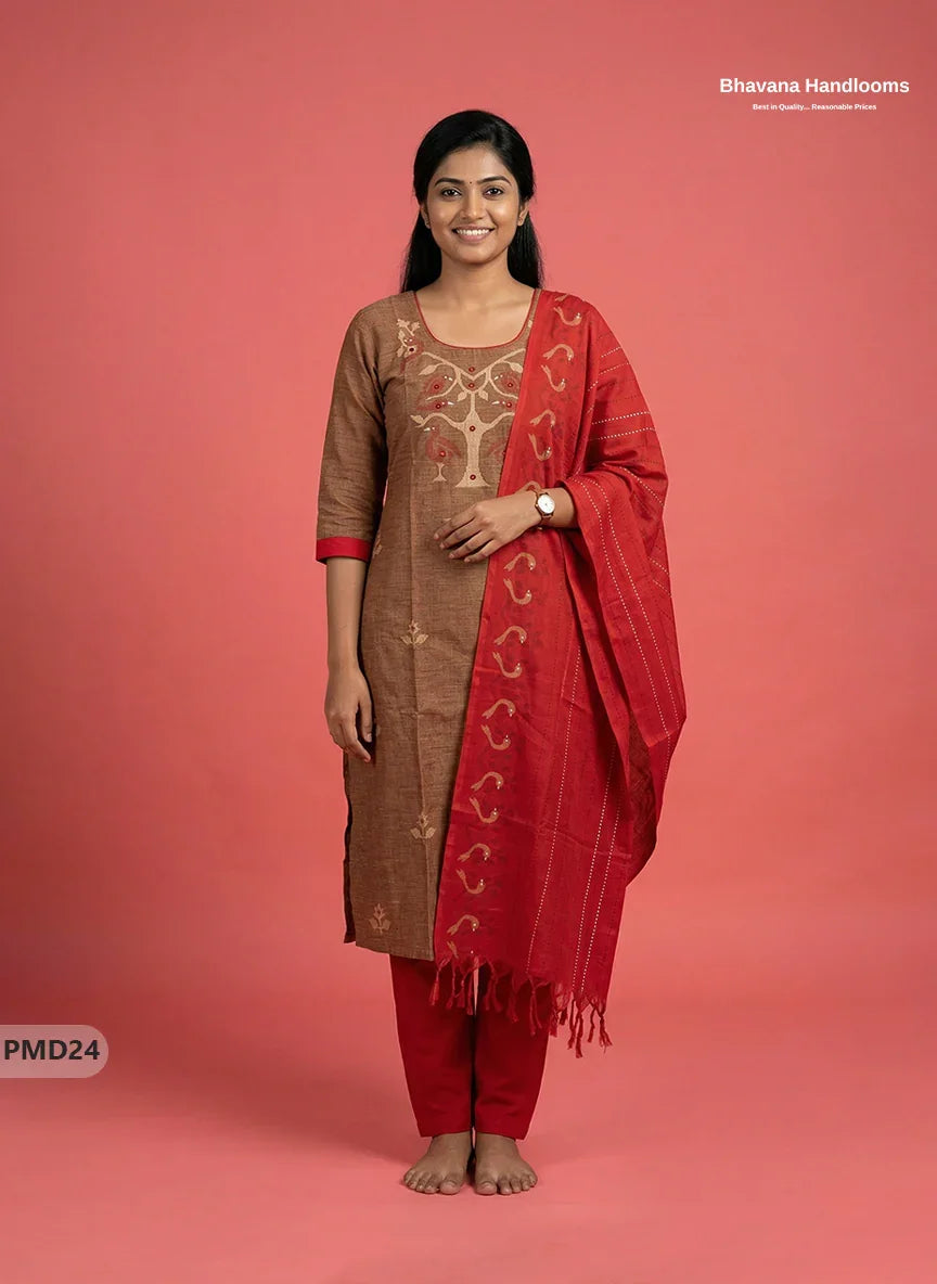 Premium Brown Kurti Set with Birds Print & Mirror Finishing | Ready-to-Wear