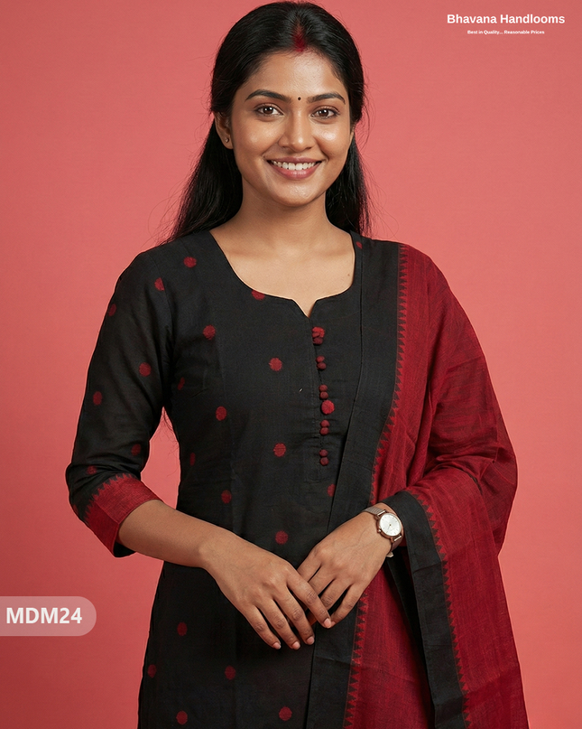 Mangalagiri Cotton 3PC Set with Full-Length Lining & Elastic Pocket Bottom – Indian Black