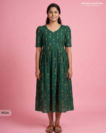 Handcrafted Pochampally Dark Green Cotton Frock with Knot Detailing – Ethnic Wear for Women