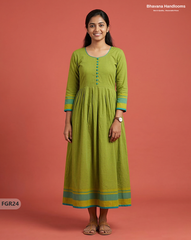 Summer Special Premium Cotton Handloom Frock with Woven Design | Yellow Green Colour