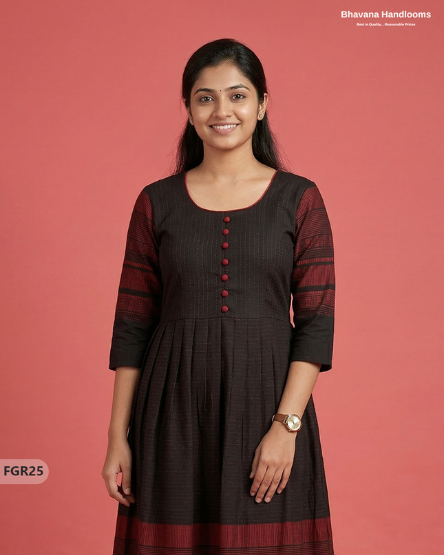 Summer Special Premium Cotton Handloom Frock with Woven Design | Black & Red Colour