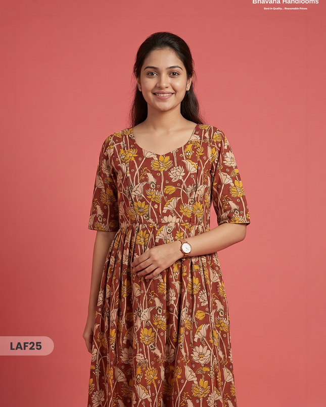 Feeding Frock with Kalamkari Design – Red Color | Invisible Zips | Half Lining Maternity Wear