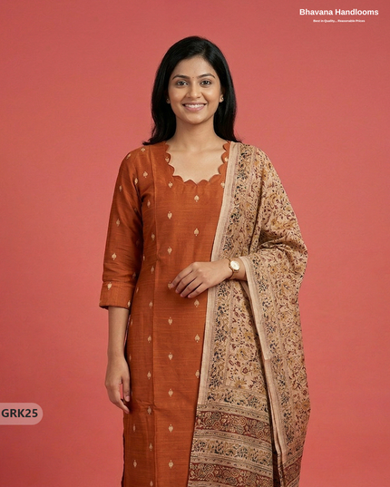 Raw Silk 3PC Kurti Set with Kalamkari Dupatta & Elastic Bottom in Orange Colour | Ethnic Wear