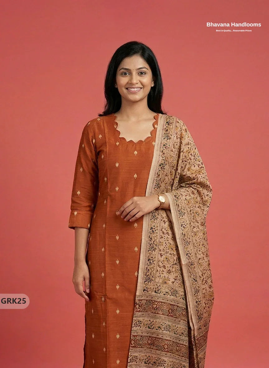 Raw Silk 3PC Kurti Set with Kalamkari Dupatta & Elastic Bottom in Orange Colour | Ethnic Wear