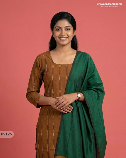 Pochampally Semi Pattu 3PC Kurti Set in Musted Yellow Colour | Ready-to-Wear Ethnic Wear