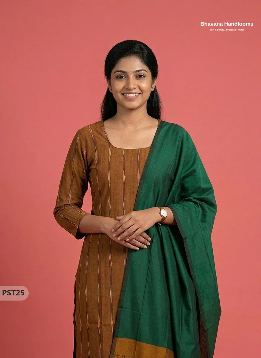 Pochampally Semi Pattu 3PC Kurti Set in Musted Yellow Colour | Ready-to-Wear Ethnic Wear