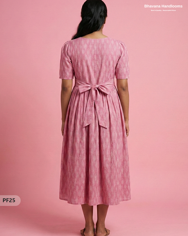 Handcrafted Pochampally Baby Pink Cotton Frock with Knot Detailing – Ethnic Wear for Women