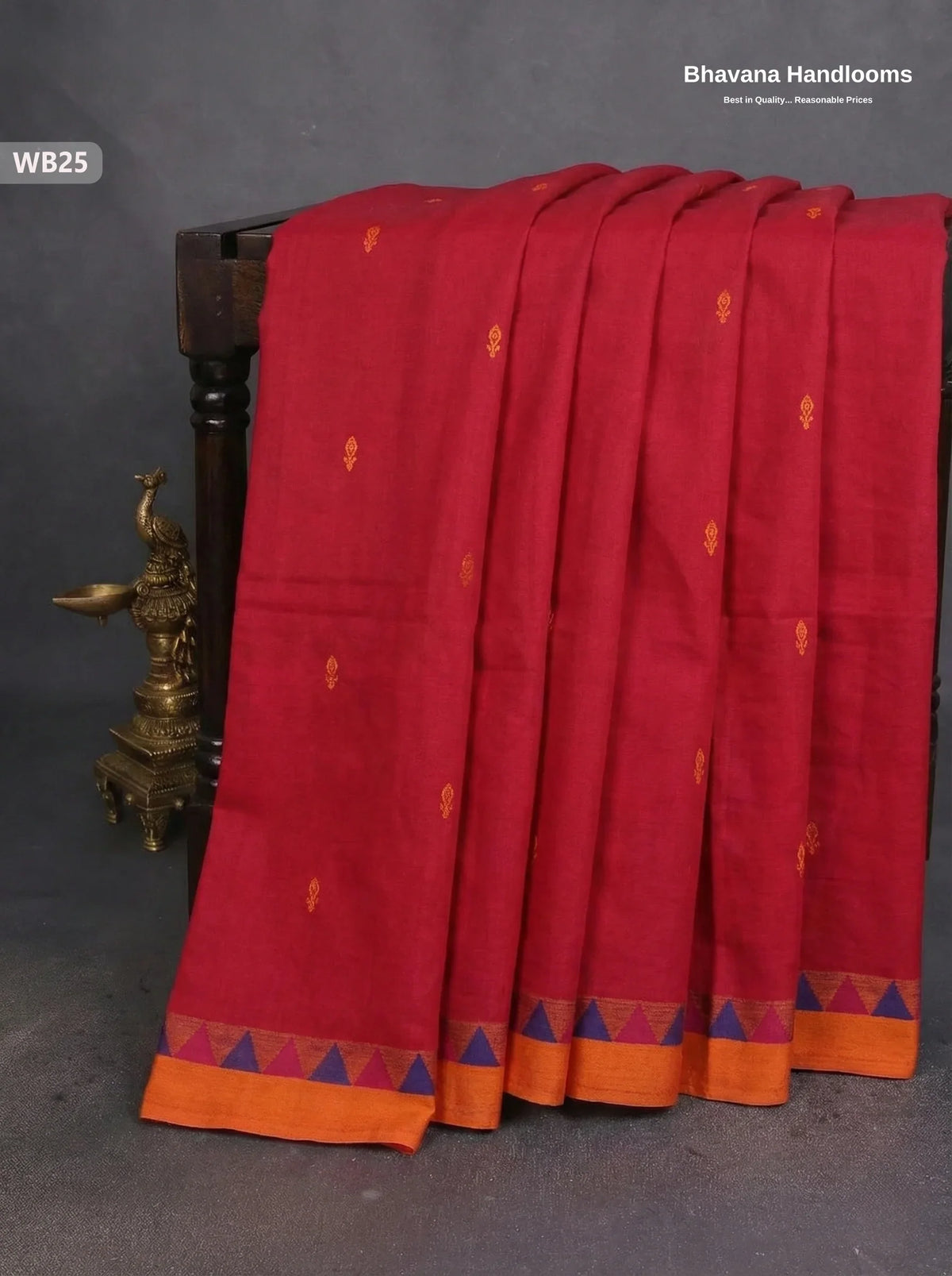 Authentic Kanchi Cotton Handloom Saree – Red Colour (Without Blouse)