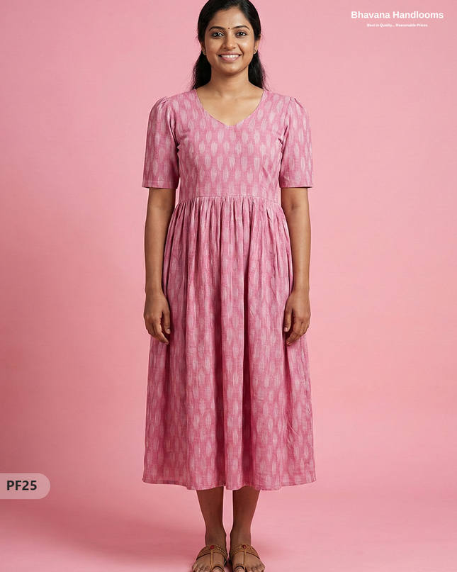 Handcrafted Pochampally Baby Pink Cotton Frock with Knot Detailing – Ethnic Wear for Women