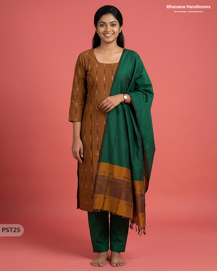 Pochampally Semi Pattu 3PC Kurti Set in Musted Yellow Colour | Ready-to-Wear Ethnic Wear