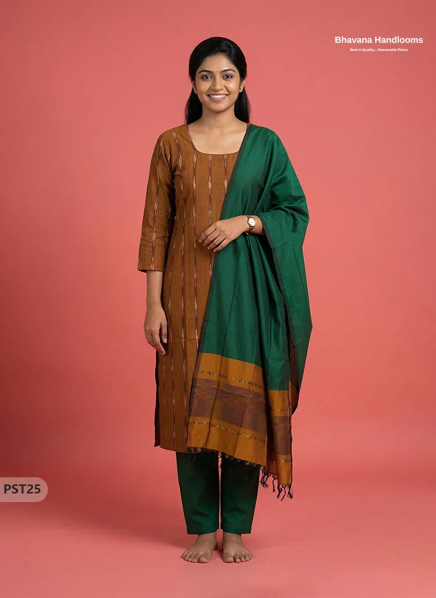 Pochampally Semi Pattu 3PC Kurti Set in Musted Yellow Colour | Ready-to-Wear Ethnic Wear