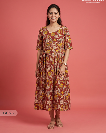 Feeding Frock with Kalamkari Design – Red Color | Invisible Zips | Half Lining Maternity Wear