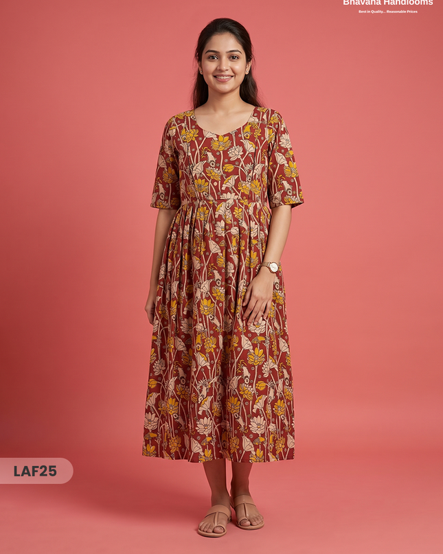 Feeding Frock with Kalamkari Design – Red Color | Invisible Zips | Half Lining Maternity Wear