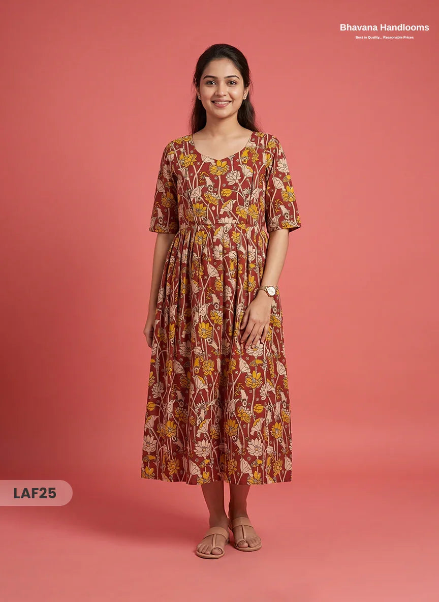 Feeding Frock with Kalamkari Design – Red Color | Invisible Zips | Half Lining Maternity Wear