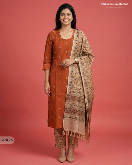 Raw Silk 3PC Kurti Set with Kalamkari Dupatta & Elastic Bottom in Orange Colour | Ethnic Wear