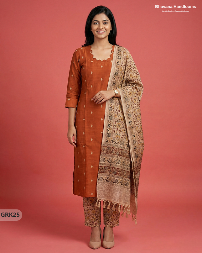 Raw Silk 3PC Kurti Set with Kalamkari Dupatta & Elastic Bottom in Orange Colour | Ethnic Wear