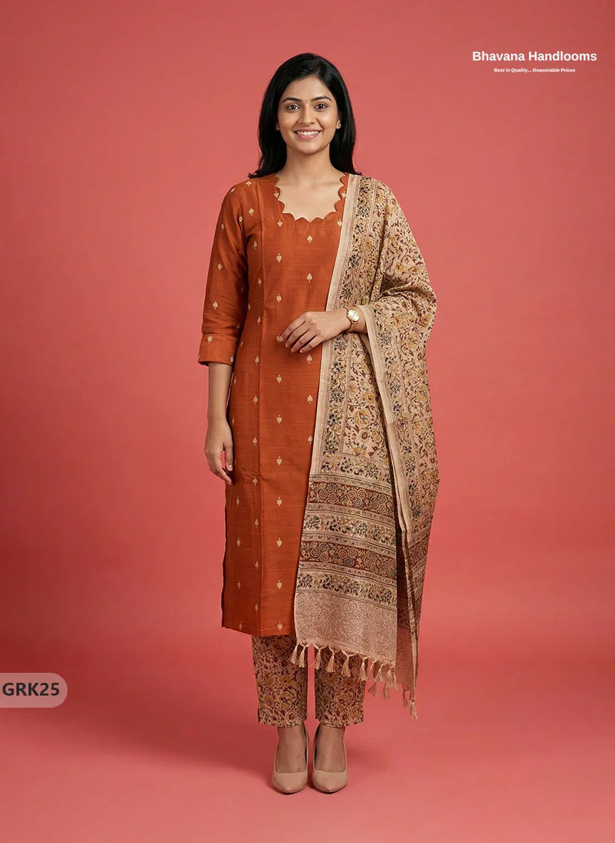 Raw Silk 3PC Kurti Set with Kalamkari Dupatta & Elastic Bottom in Orange Colour | Ethnic Wear
