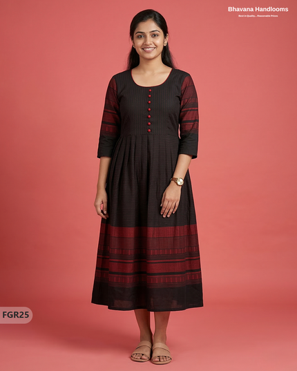 Summer Special Premium Cotton Handloom Frock with Woven Design | Black & Red Colour
