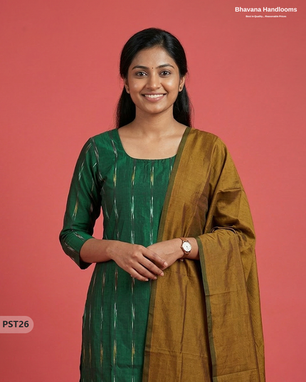 Pochampally Semi Pattu 3PC Kurti Set in Green Colour | Ready-to-Wear Ethnic Wear