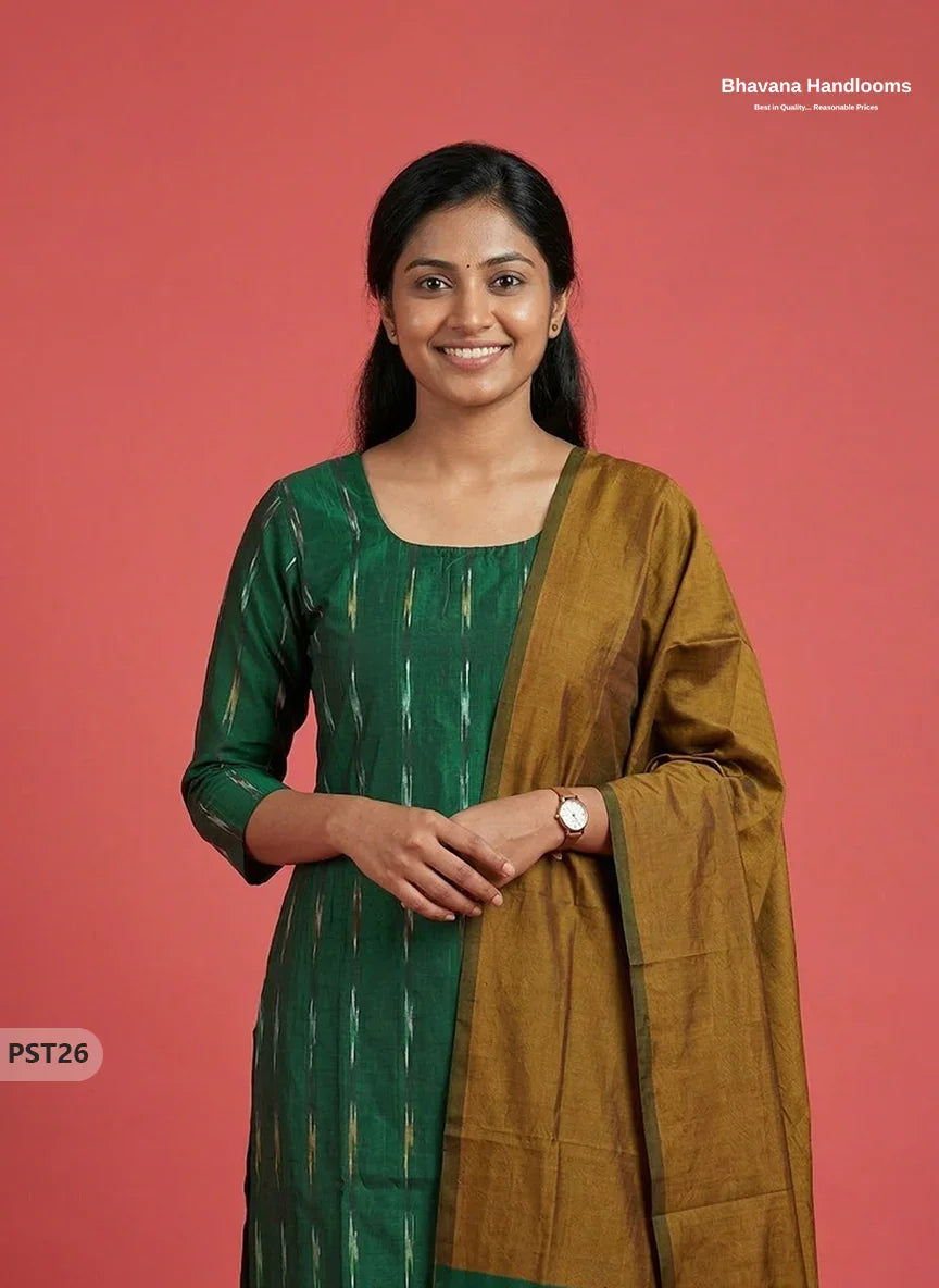 Pochampally Semi Pattu 3PC Kurti Set in Green Colour | Ready-to-Wear Ethnic Wear