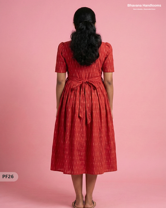 Handcrafted Pochampally Red Cotton Frock with Knot Detailing – Ethnic Wear for Women