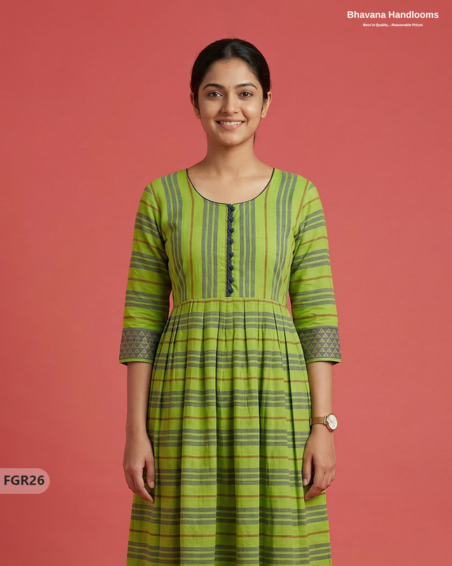 Summer Special Premium Cotton Handloom Frock with Woven Design | Green Colour