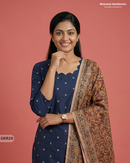 Raw Silk 3PC Kurti Set with Kalamkari Dupatta & Elastic Bottom in Navy Blue Colour | Ethnic Wear