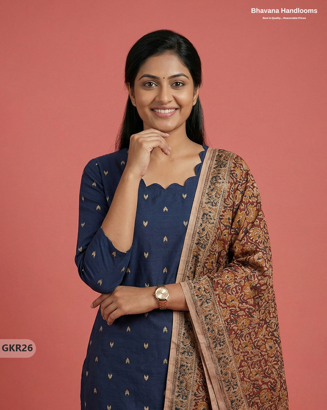 Raw Silk 3PC Kurti Set with Kalamkari Dupatta & Elastic Bottom in Navy Blue Colour | Ethnic Wear