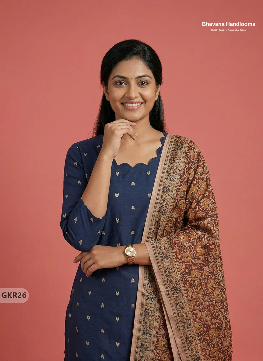 Raw Silk 3PC Kurti Set with Kalamkari Dupatta & Elastic Bottom in Navy Blue Colour | Ethnic Wear
