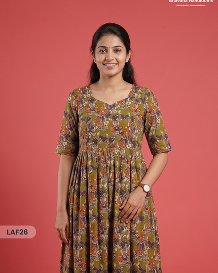 Feeding Frock with Kalamkari Design –  Pesara Green Color | Invisible Zips | Half Lining Maternity Wear