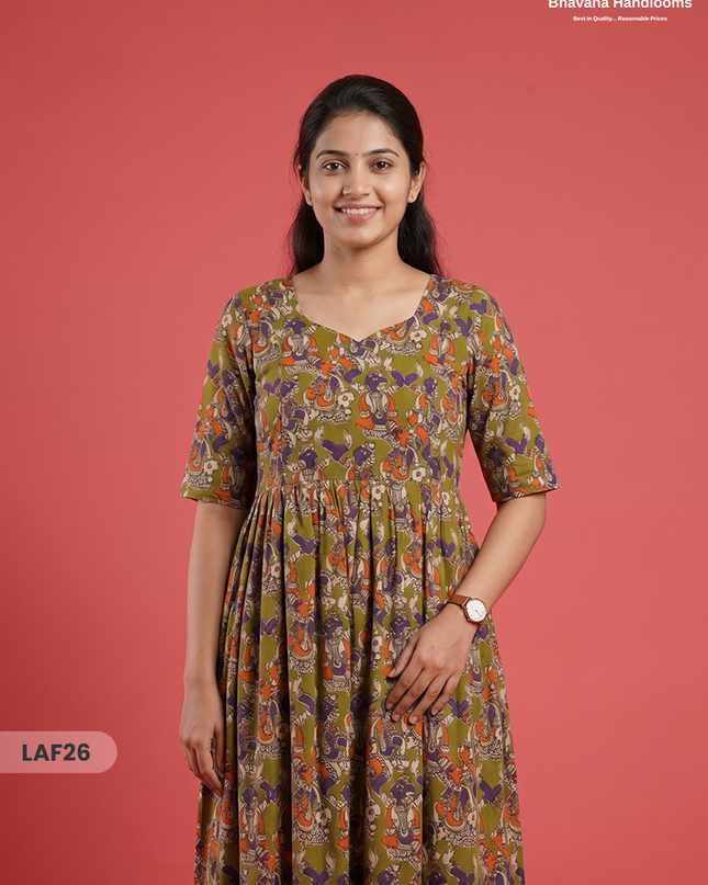 Feeding Frock with Kalamkari Design –  Pesara Green Color | Invisible Zips | Half Lining Maternity Wear