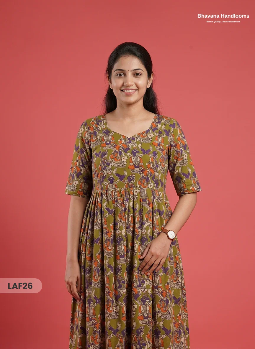 Feeding Frock with Kalamkari Design –  Pesara Green Color | Invisible Zips | Half Lining Maternity Wear
